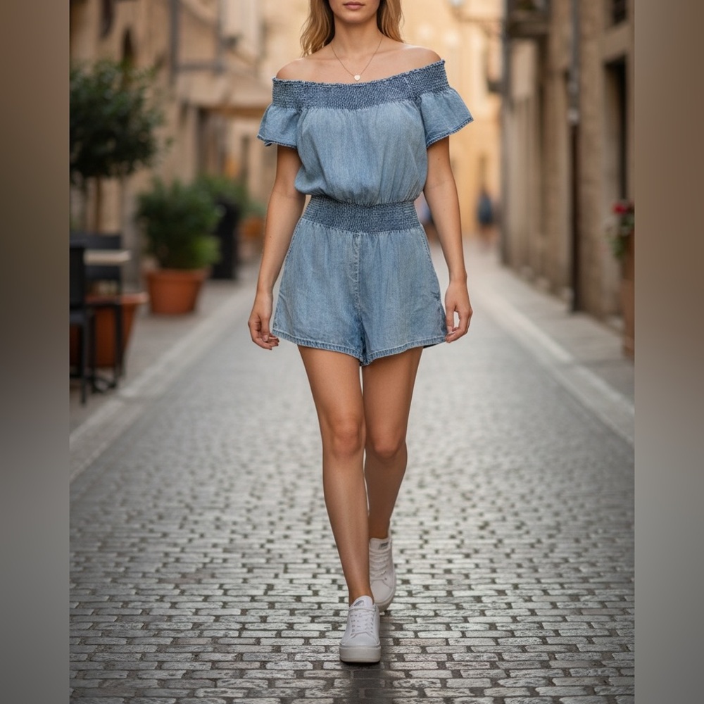 Free People Blue Jumpsuit with Flowy Shorts and Smocked Waistband Size Medium